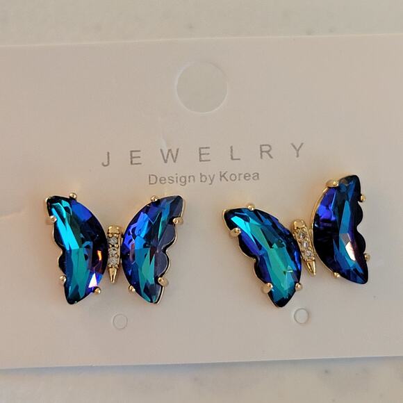Blue Green Crystal Butterfly Stud Earrings Set of Korea Design, Gift Bag - Picture 10 of 14